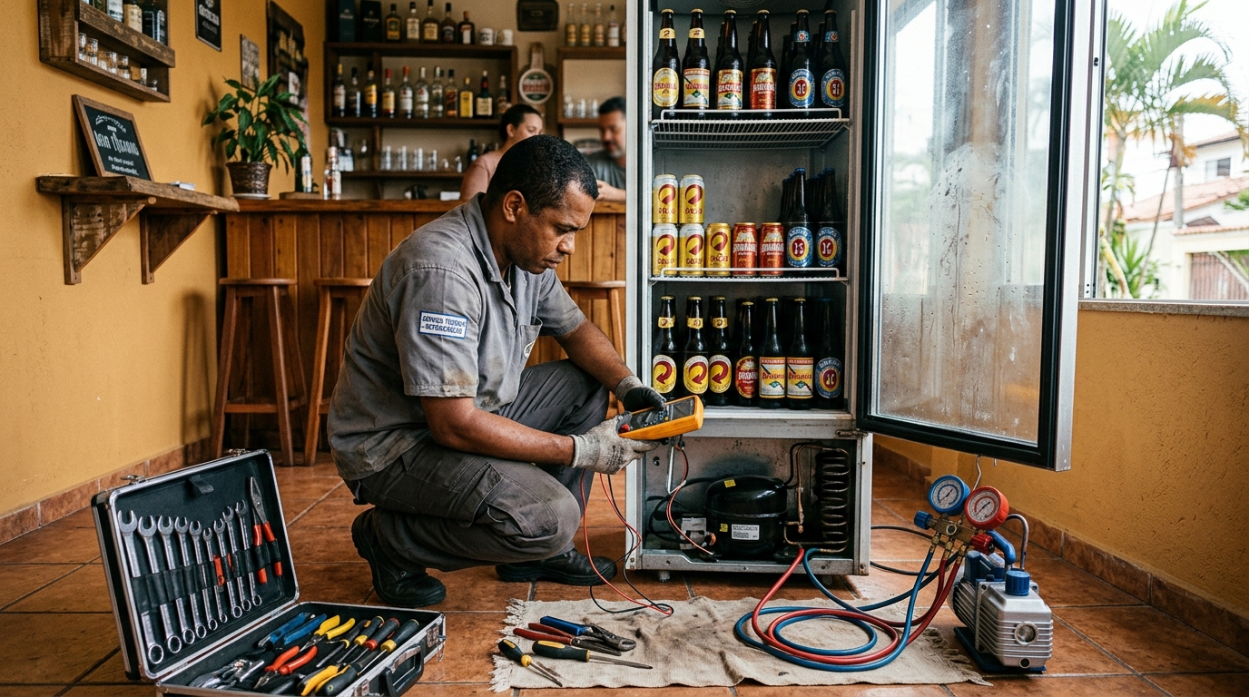 Troca de termostato de cervejeira em atendimento técnico em Guarapari‑ES